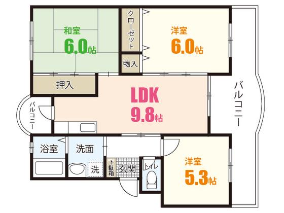 ハイム沖本(3LDK/3階)の間取り写真