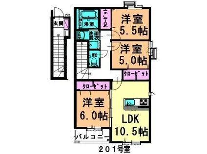 名鉄三河線 三河八橋駅 徒歩10分 2階建 築1年(3LDK/2階)の間取り写真