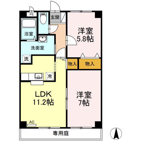 ウィルコート伏石C(2LDK/1階)の間取り写真