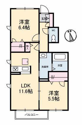 グレイス潮音 B棟(2LDK/1階)の間取り写真