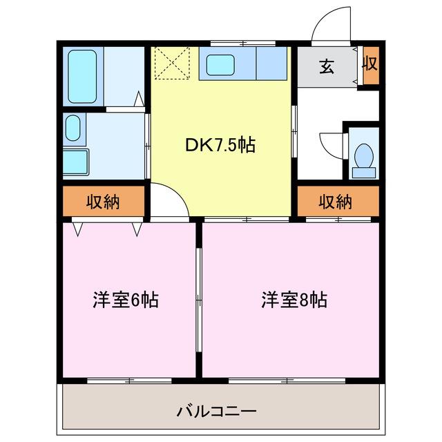 ロイヤルヒルズ渡辺(2DK/2階)の間取り写真