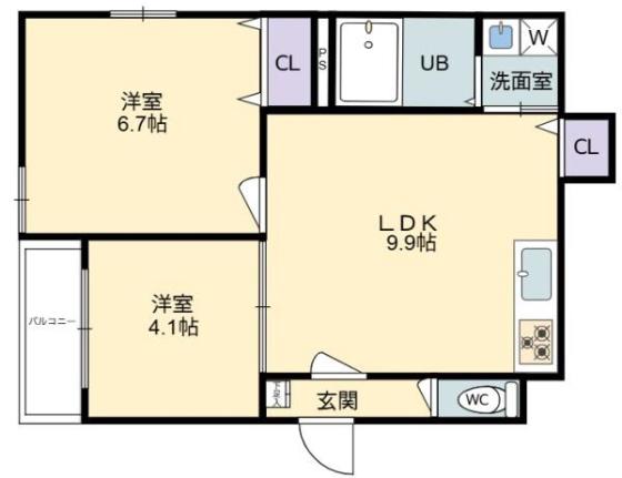 RIVER CITY 西川原(2LDK/2階)の間取り写真