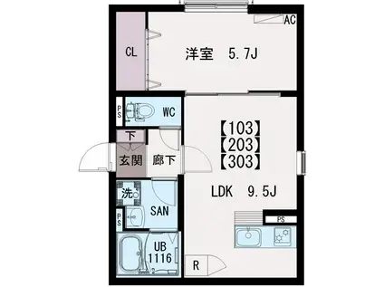 イクシオ東保木間(1LDK/2階)の間取り写真