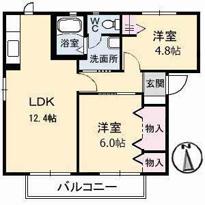 ルピナス御幸 B棟(2LDK/2階)の間取り写真