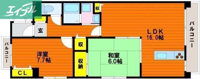スカイパレス西崎(2LDK/2階)の間取り写真