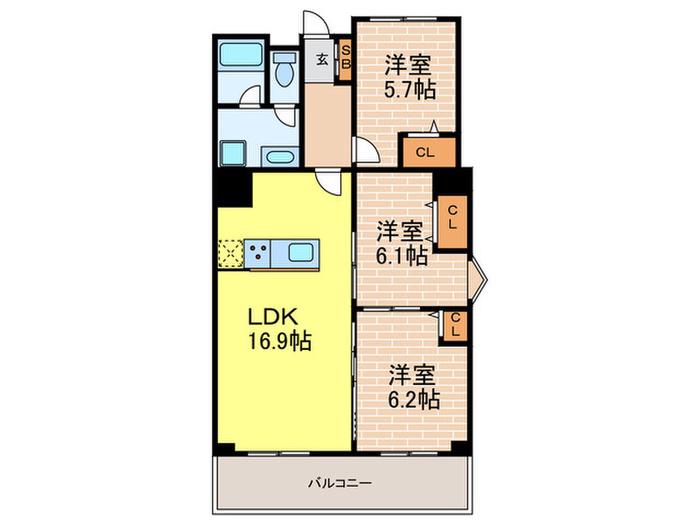 芦屋朝日ヶ丘アーバンライフ(3LDK/7階)の間取り写真