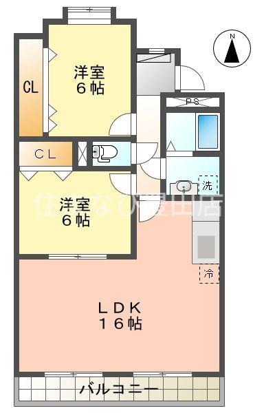 シャロームみぎわ(2LDK/4階)の間取り写真