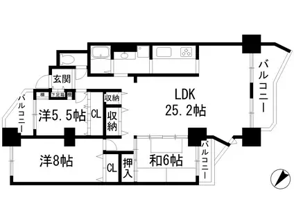 カネボウ宝塚グリーンマンション(3LDK/7階)の間取り写真