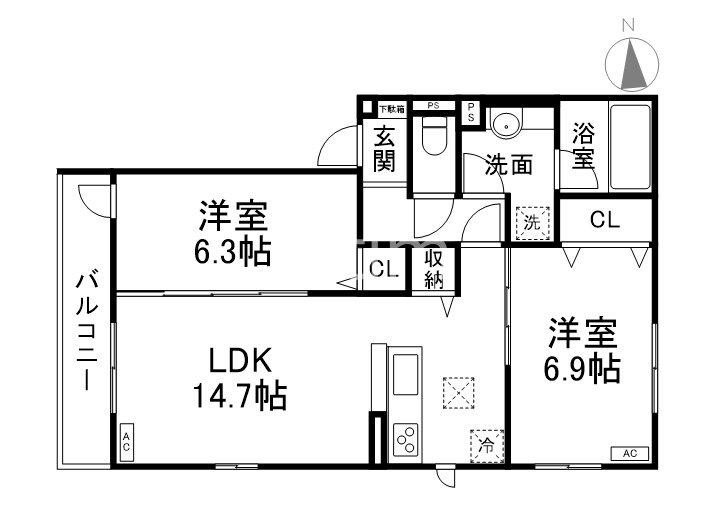 エンラージ西院(2LDK/1階)の間取り写真