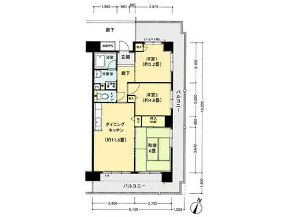 フロール山田町第2(3DK/3階)の間取り写真