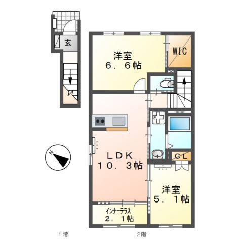 豊橋市三本木町アパート(2LDK/2階)の間取り写真