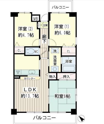 北寺尾大滝マンション(3LDK/4階)の間取り写真