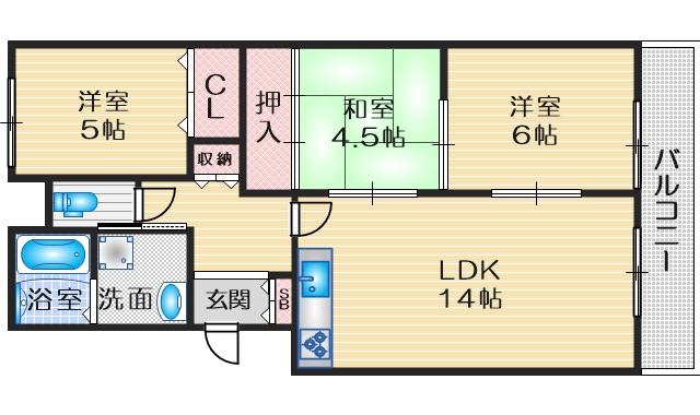 メゾンリラ千里山(3LDK/3階)の間取り写真