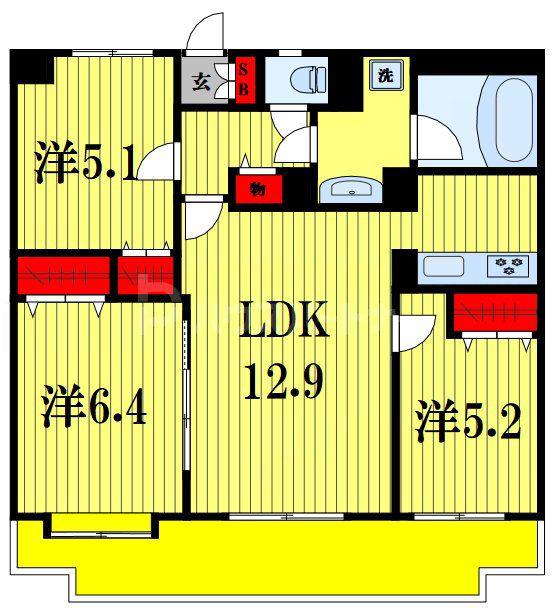 ライオンズヒルズ新松戸(3LDK/5階)の間取り写真
