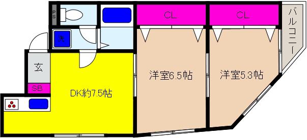 ベルエアー御影II(2DK/4階)の間取り写真
