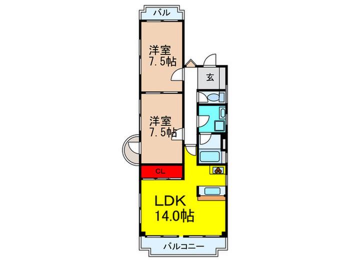 エーデル緑地(2LDK/2階)の間取り写真