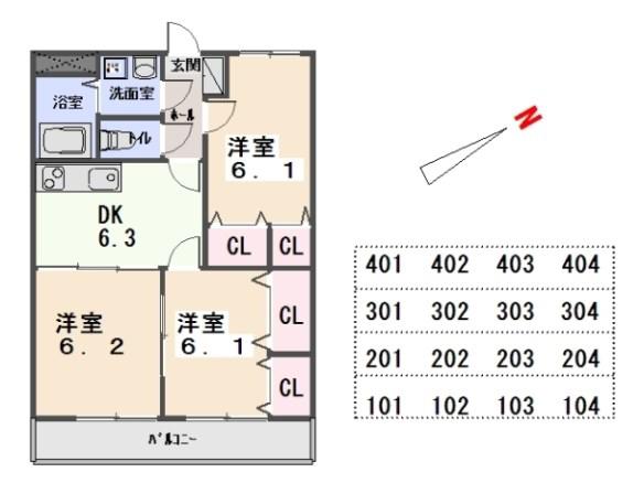 ハニーライズ(3DK/1階)の間取り写真