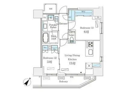 パークアクシス赤坂(2LDK/11階)の間取り写真