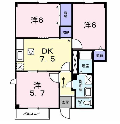 ベルク・ヴィラ B棟(3DK/1階)の間取り写真