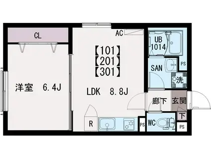 イクシオ東保木間(1LDK/3階)の間取り写真