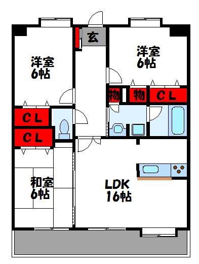 JGM千鳥タウンコートセカンドウイング(3LDK/6階)の間取り写真