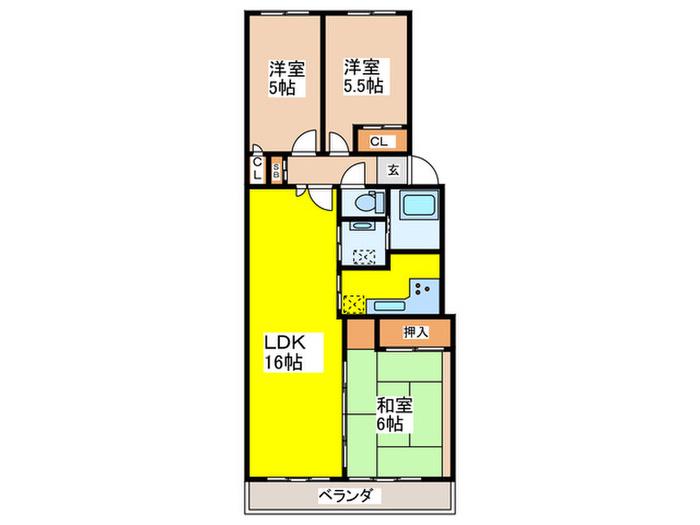 白鷺ハイム3号棟(3LDK/2階)の間取り写真