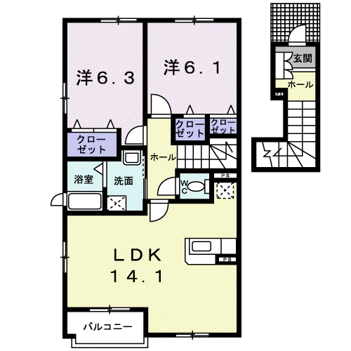 EXCELCOURT東小羽山B(2LDK/2階)の間取り写真