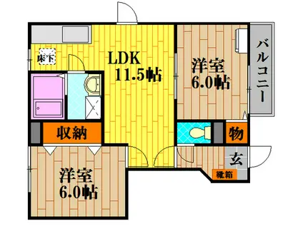 シャトーKINKI A棟(2LDK/1階)の間取り写真