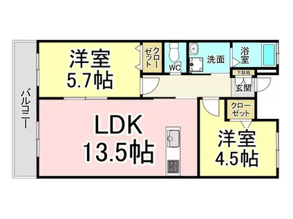 朝霧ライズコーポ(2LDK/3階)の間取り写真