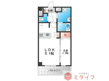アドバンス大阪クラージュ(1LDK/9階)の間取り写真