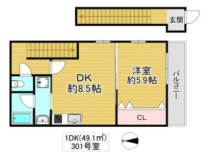 グランドソレイユ森河内(1LDK/3階)の間取り写真