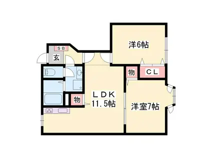 ヴィラモンターニュ B棟(2LDK/1階)の間取り写真