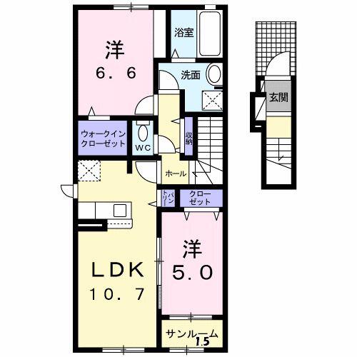 ヴィラ シャングリラ 寺尾(2LDK/2階)の間取り写真