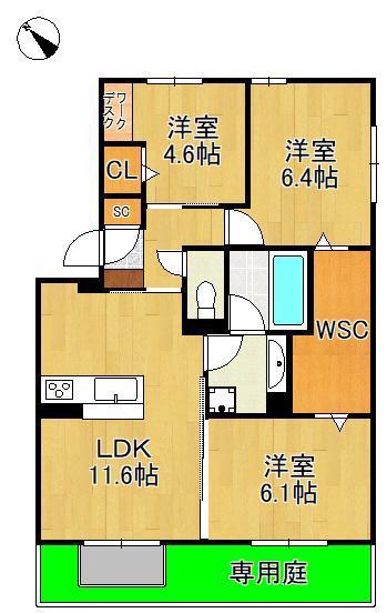 D-ROOM鷹の巣2丁目(3LDK/1階)の間取り写真