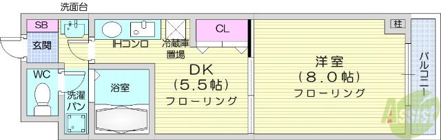 ベルシティ榴ヶ岡(1DK/8階)の間取り写真