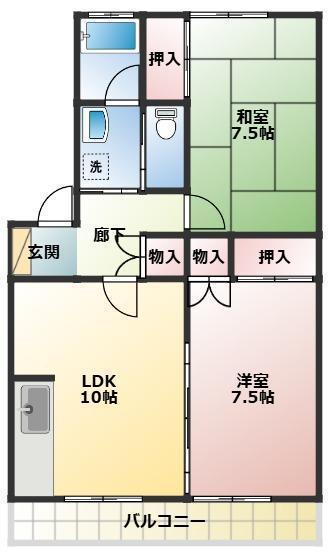 ハイパークK E棟(2LDK/2階)の間取り写真