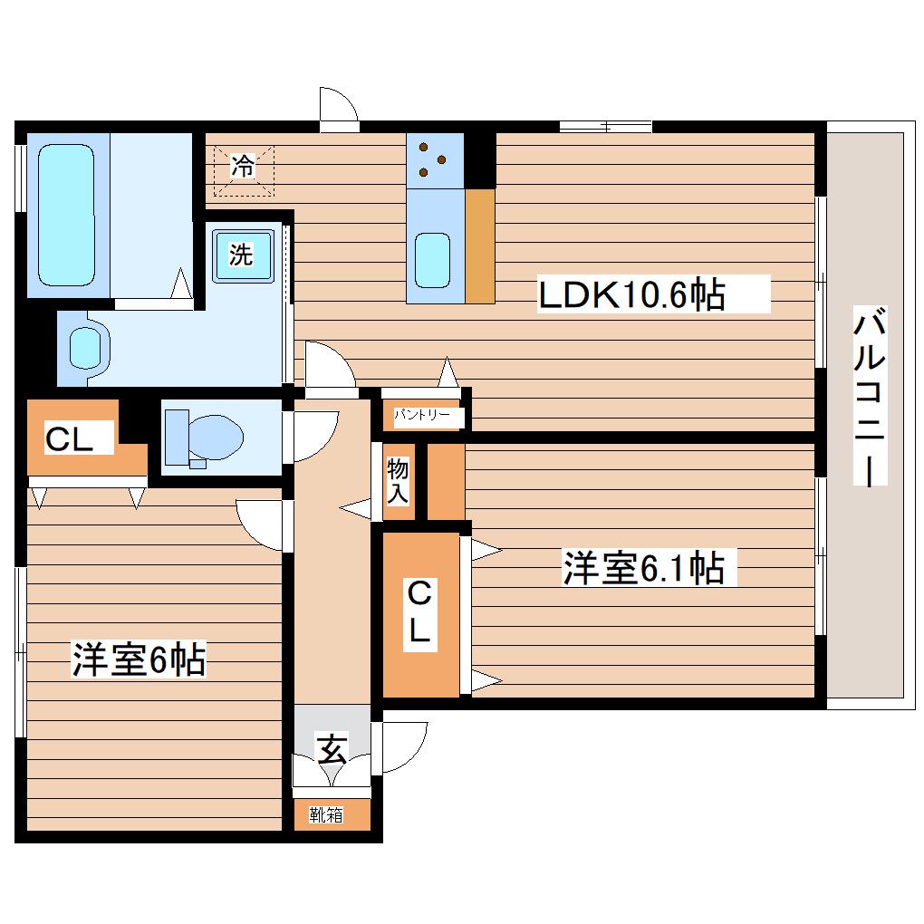 ボヌール・ヒル西多賀(2LDK/2階)の間取り写真