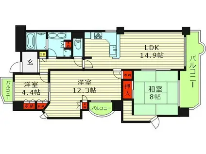 メロディハイム緑橋(3LDK/3階)の間取り写真