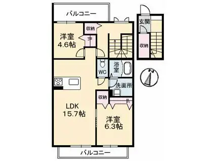 アルファA棟(2LDK/2階)の間取り写真