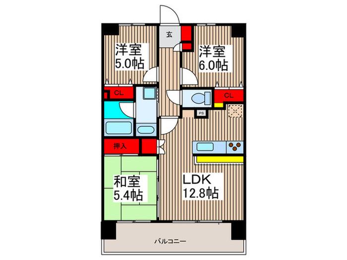 レヴィールヒルズ入間リバービュー(3LDK/8階)の間取り写真