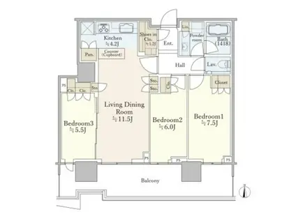 HARUMI FLAG SUN VILLAGE T棟(3LDK/22階)の間取り写真