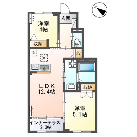 宇都宮市下栗アパート(2LDK/1階)の間取り写真