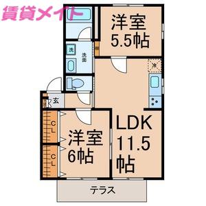 ビバリーK&A B棟(2LDK/1階)の間取り写真