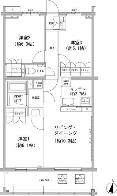 ヒューリックコート雪が谷(3LDK/1階)の間取り写真