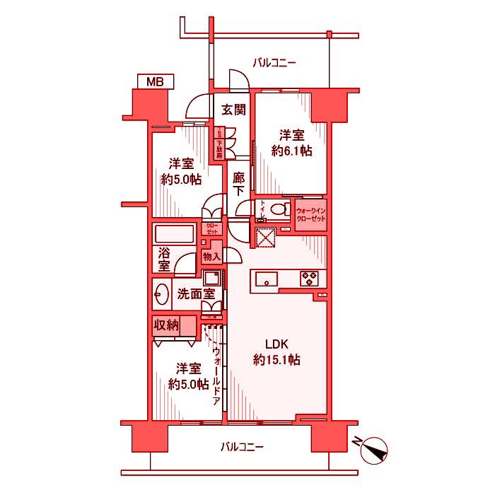 プラウド川崎柳町(3LDK/6階)の間取り写真