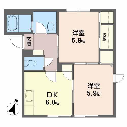 グランバリエ浜館B棟(2DK/2階)の間取り写真