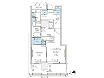 ロイヤルパークス品川(1LDK/5階)の間取り写真