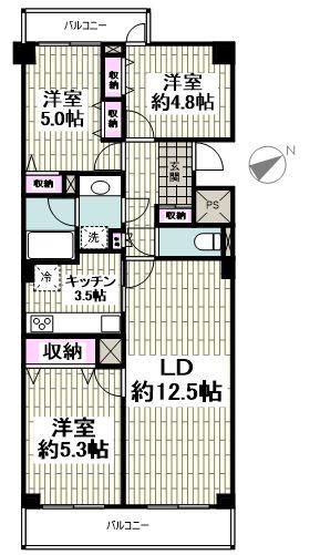 磯子台スカイマンション(3LDK/5階)の間取り写真