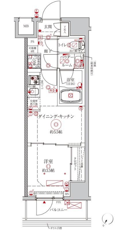 クレイシアアイズ川崎ザ・テラス(1DK/9階)の間取り写真