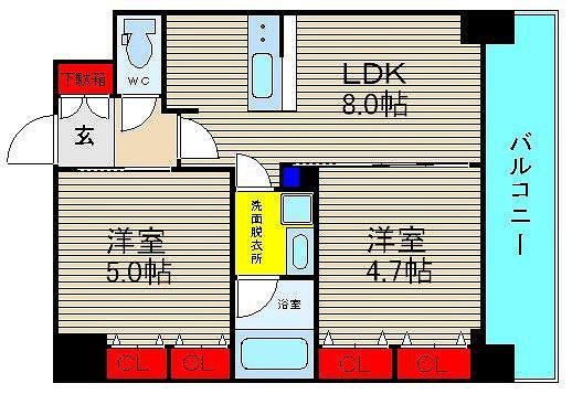 エステムプラザ難波ウエストII プレディア(2LDK/15階)の間取り写真